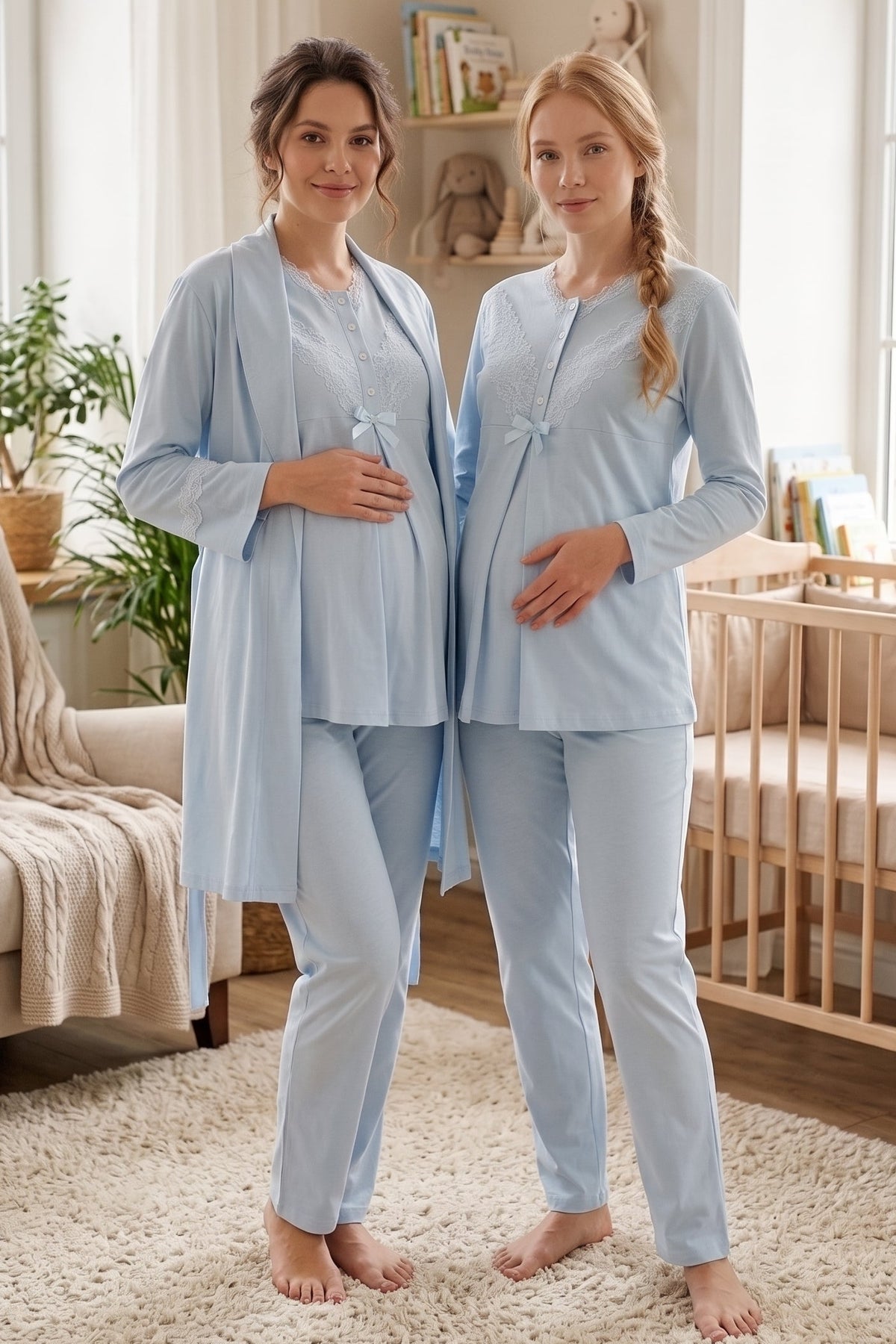 Lace Collar 3-Piece Maternity Feeding-Friendly Pajama & Lace Sleeve Robe Set Blue - Z3489
