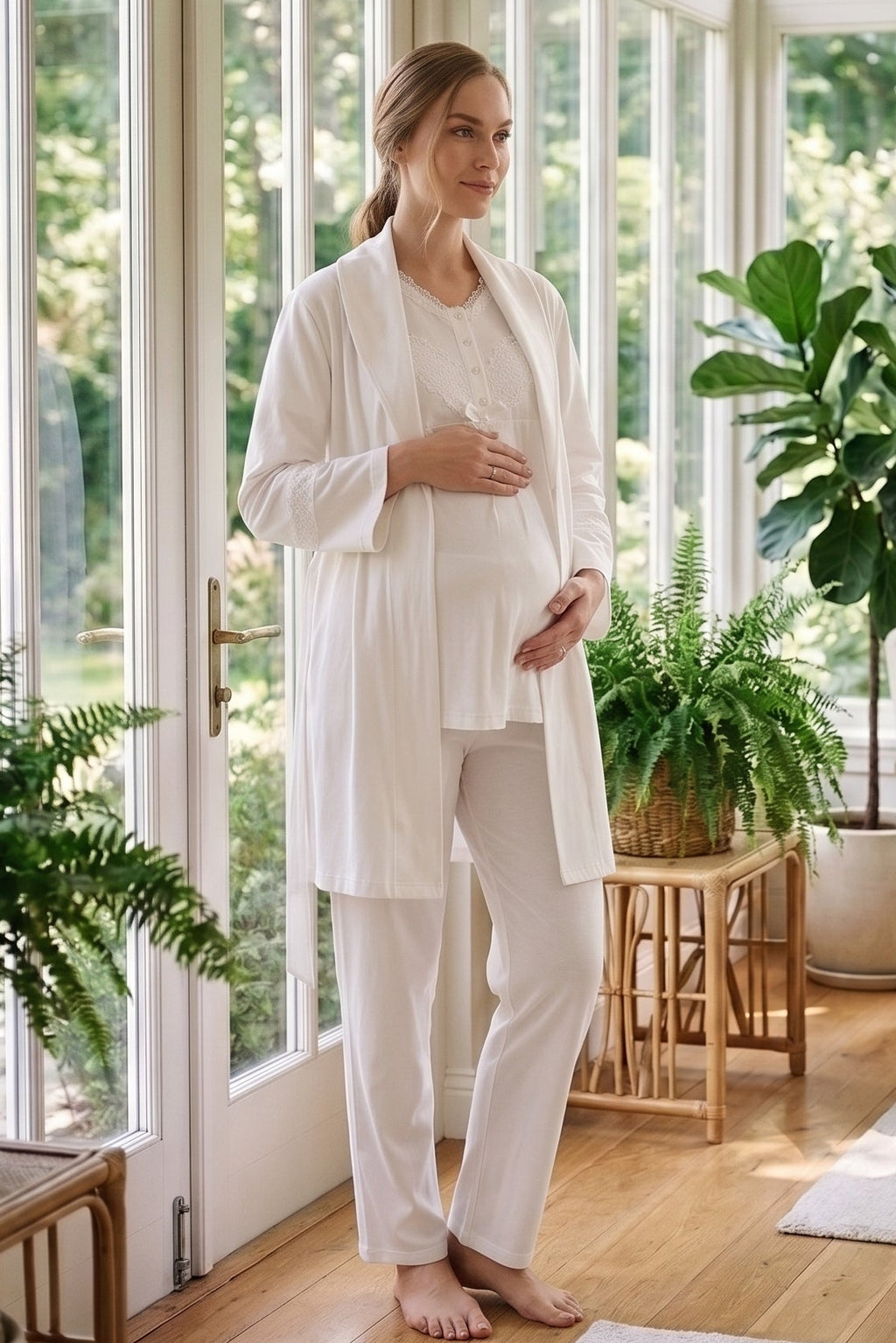Lace Collar 3-Piece Maternity Feeding-Friendly Pajama & Lace Sleeve Robe Set Ecru - Z3489