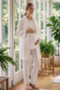 Lace Collar 3-Piece Maternity Feeding-Friendly Pajama & Lace Sleeve Robe Set Ecru - Z3489