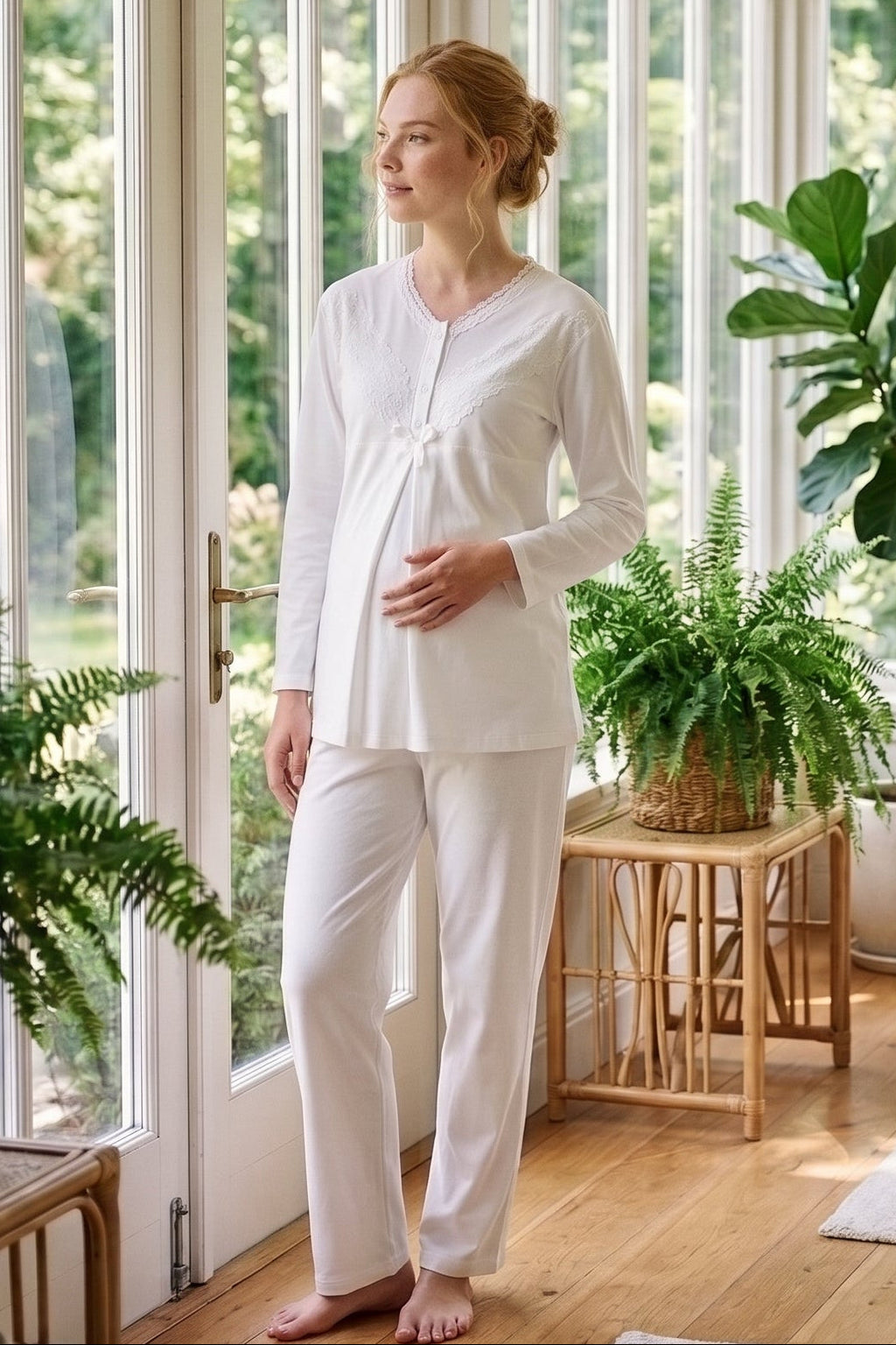 Lace Collar 3-Piece Maternity Feeding-Friendly Pajama & Lace Sleeve Robe Set Ecru - Z3489