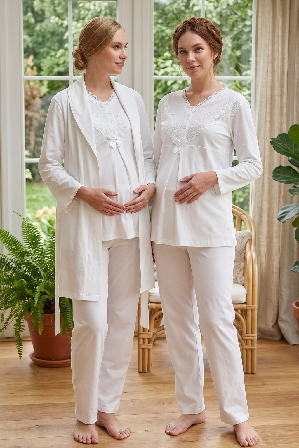Lace Collar 3-Piece Maternity Feeding-Friendly Pajama & Lace Sleeve Robe Set Ecru - Z3489