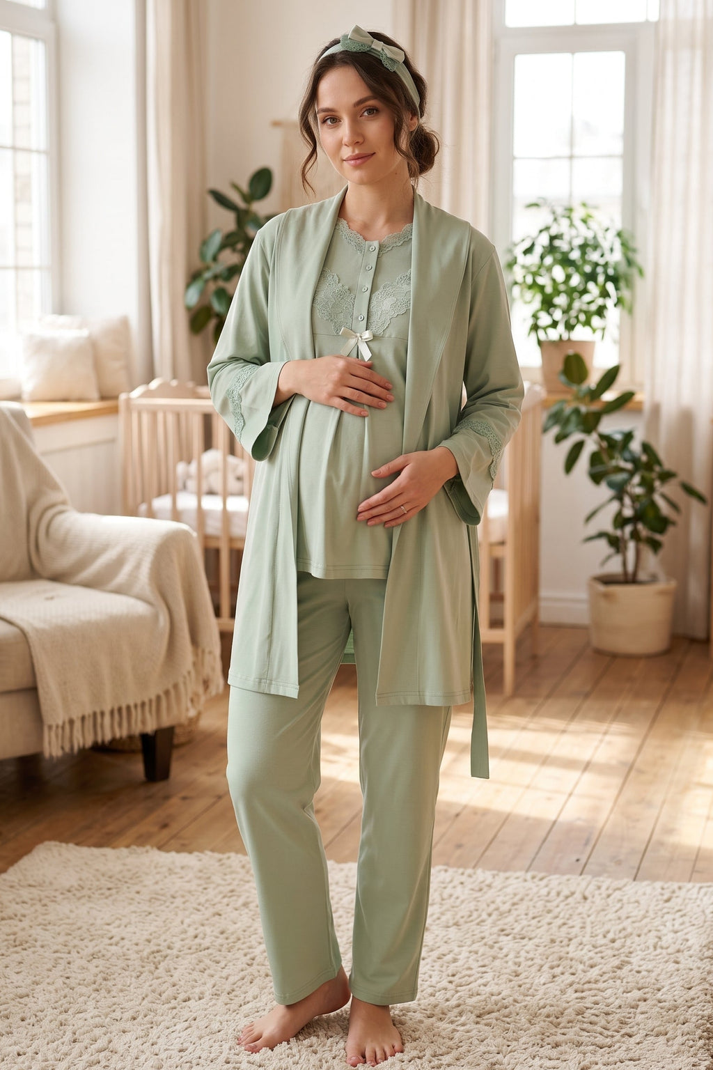 Lace Collar 3-Piece Maternity Feeding-Friendly Pajama & Lace Sleeve Robe Set Green - Z3489