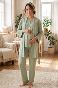 Lace Collar 3-Piece Maternity Feeding-Friendly Pajama & Lace Sleeve Robe Set Green - Z3489