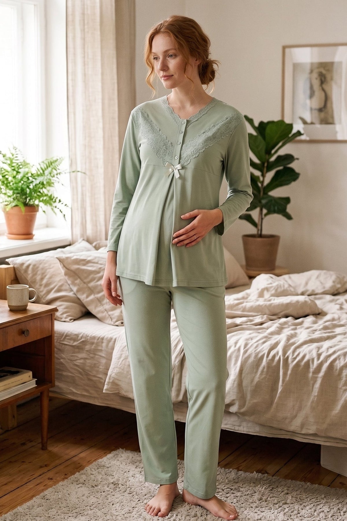 Lace Collar 3-Piece Maternity Feeding-Friendly Pajama & Lace Sleeve Robe Set Green - Z3489