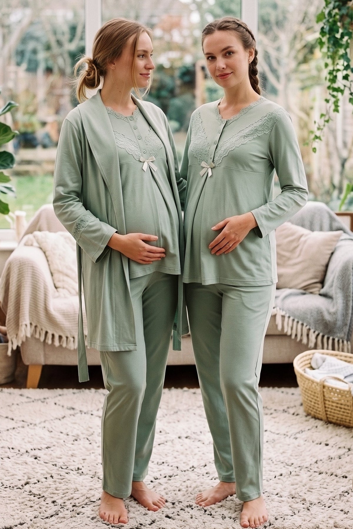 Lace Collar 3-Piece Maternity Feeding-Friendly Pajama & Lace Sleeve Robe Set Green - Z3489