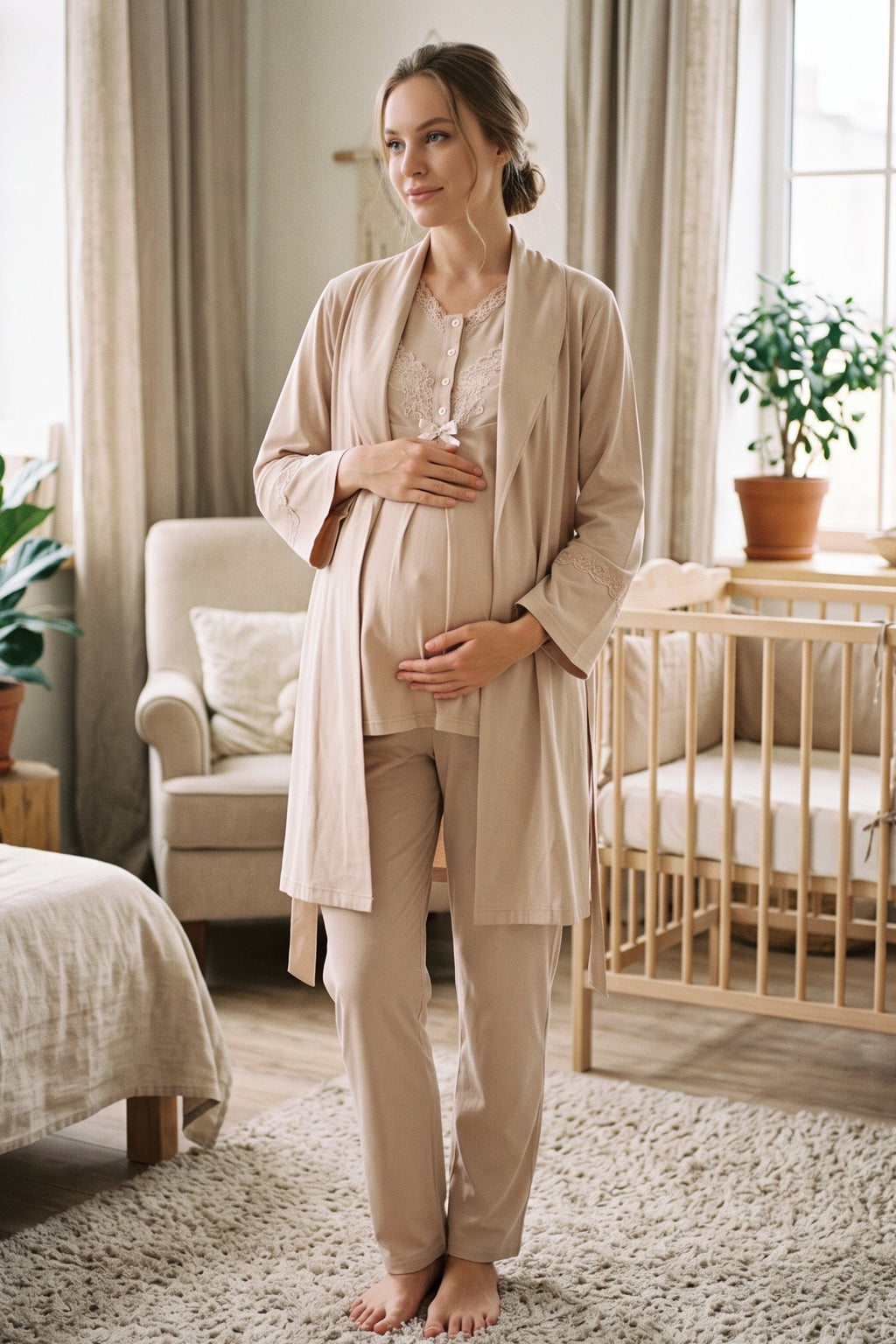 Lace Collar 3-Piece Maternity Feeding-Friendly Pajama & Lace Sleeve Robe Set Mink - Z3489