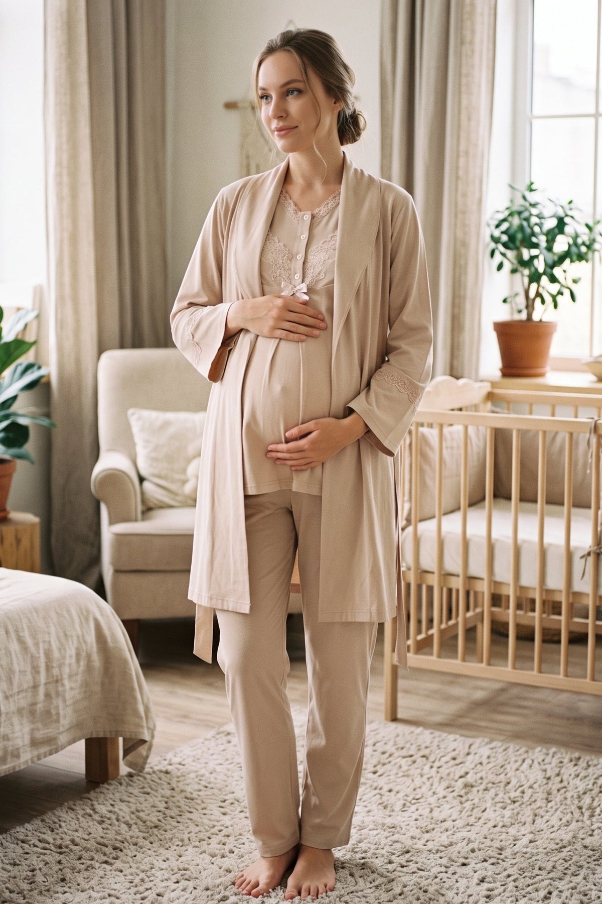 Lace Collar 3-Piece Maternity Feeding-Friendly Pajama & Lace Sleeve Robe Set Mink - Z3489