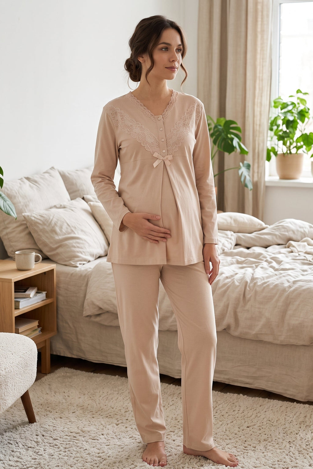 Lace Collar 3-Piece Maternity Feeding-Friendly Pajama & Lace Sleeve Robe Set Mink - Z3489