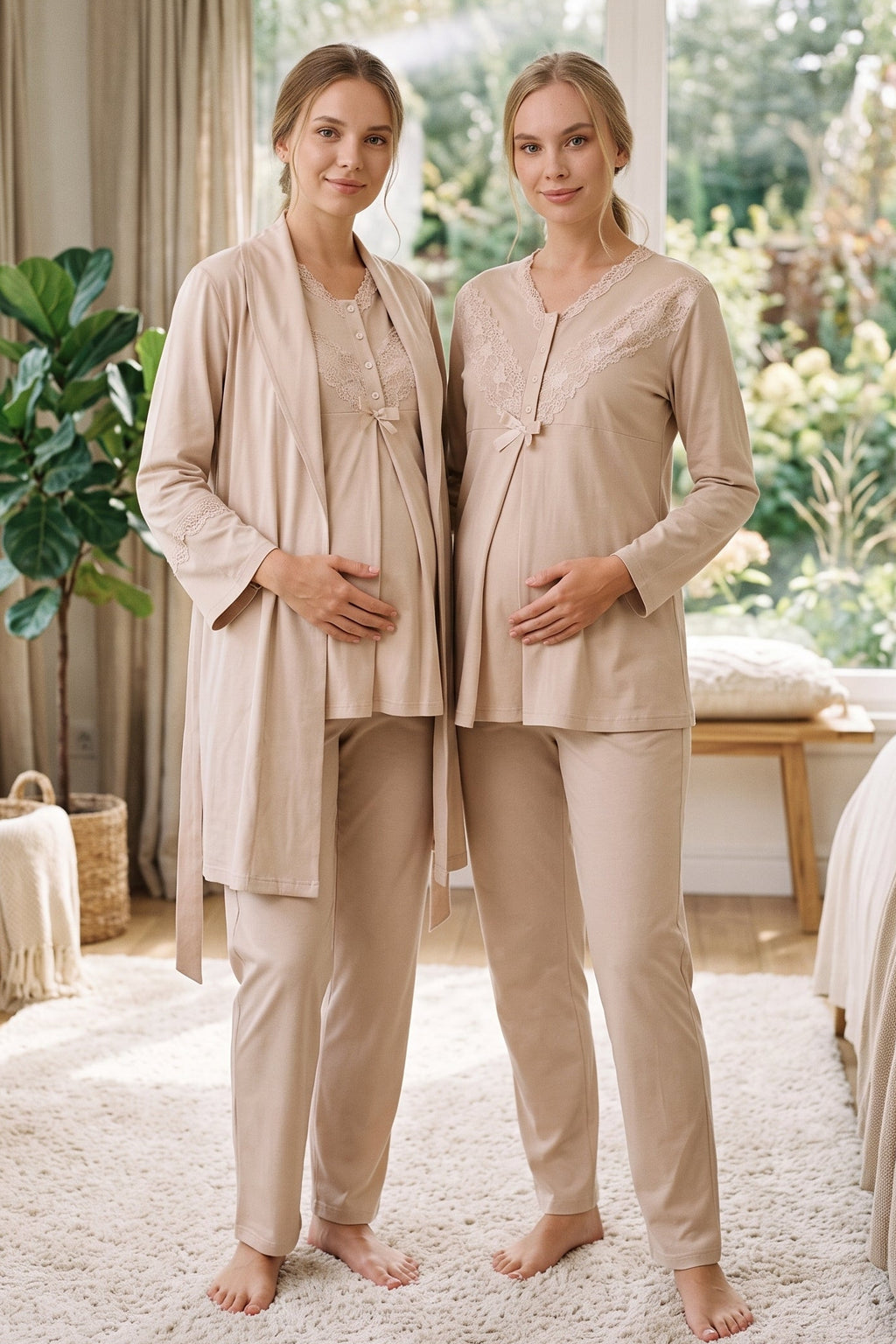 Lace Collar 3-Piece Maternity Feeding-Friendly Pajama & Lace Sleeve Robe Set Mink - Z3489