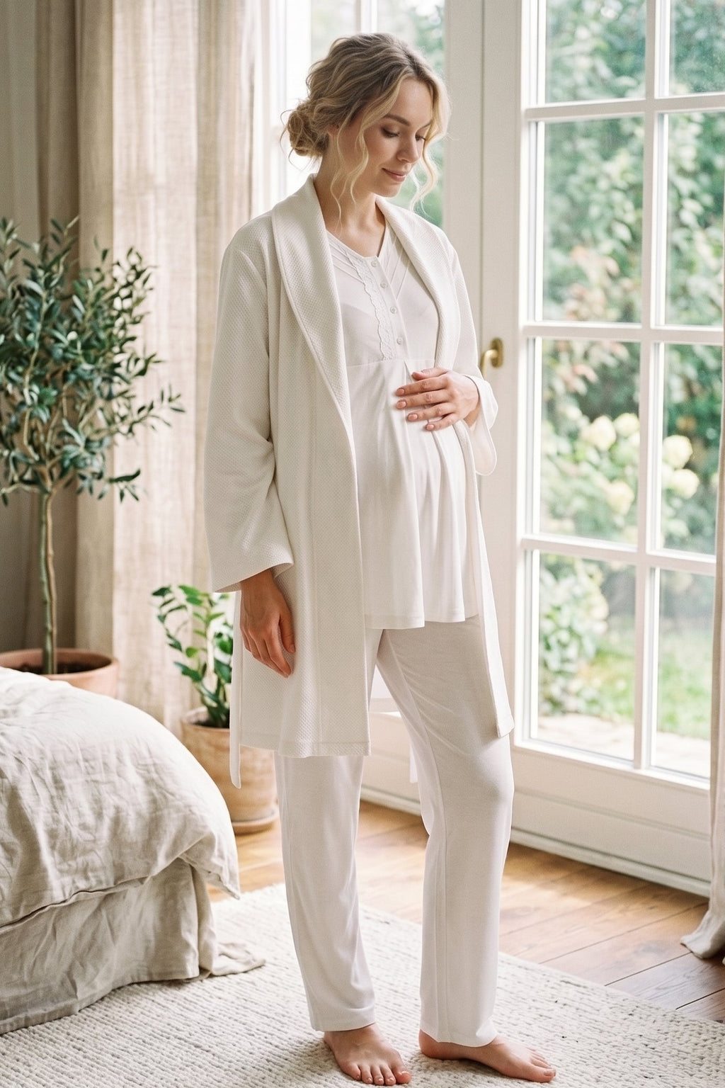 Lace Trim 3-Piece Maternity Feeding-Friendly Pajama & Soft Robe Set Ecru - Z3490