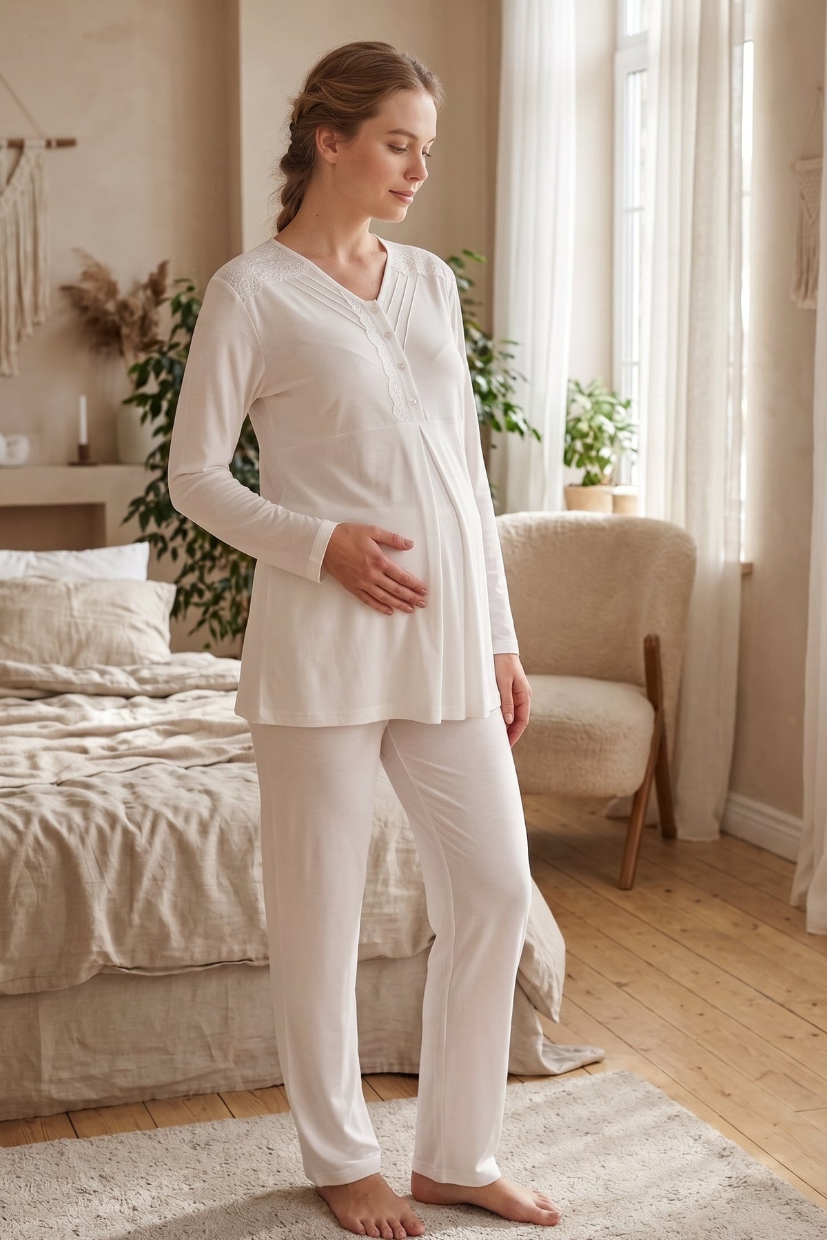Lace Trim 3-Piece Maternity Feeding-Friendly Pajama & Soft Robe Set Ecru - Z3490