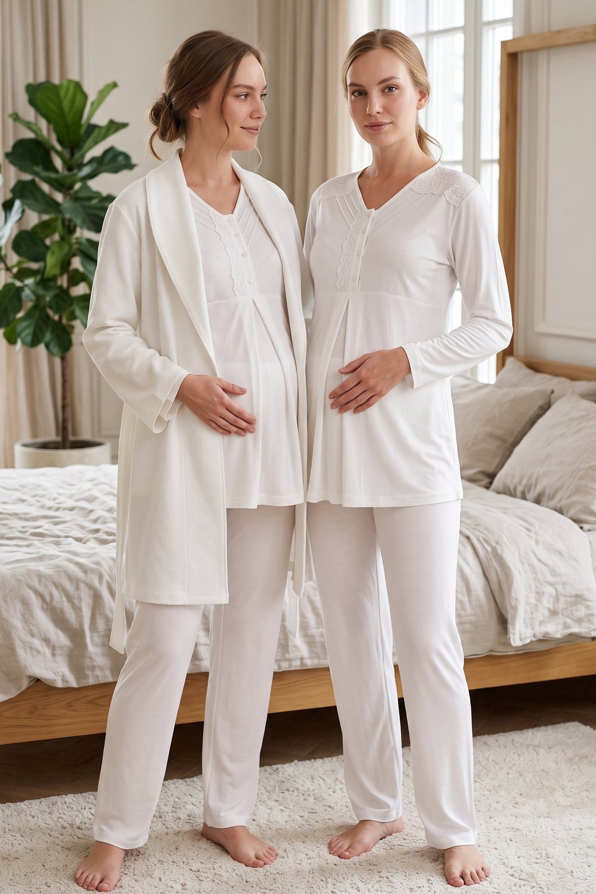 Lace Trim 3-Piece Maternity Feeding-Friendly Pajama & Soft Robe Set Ecru - Z3490