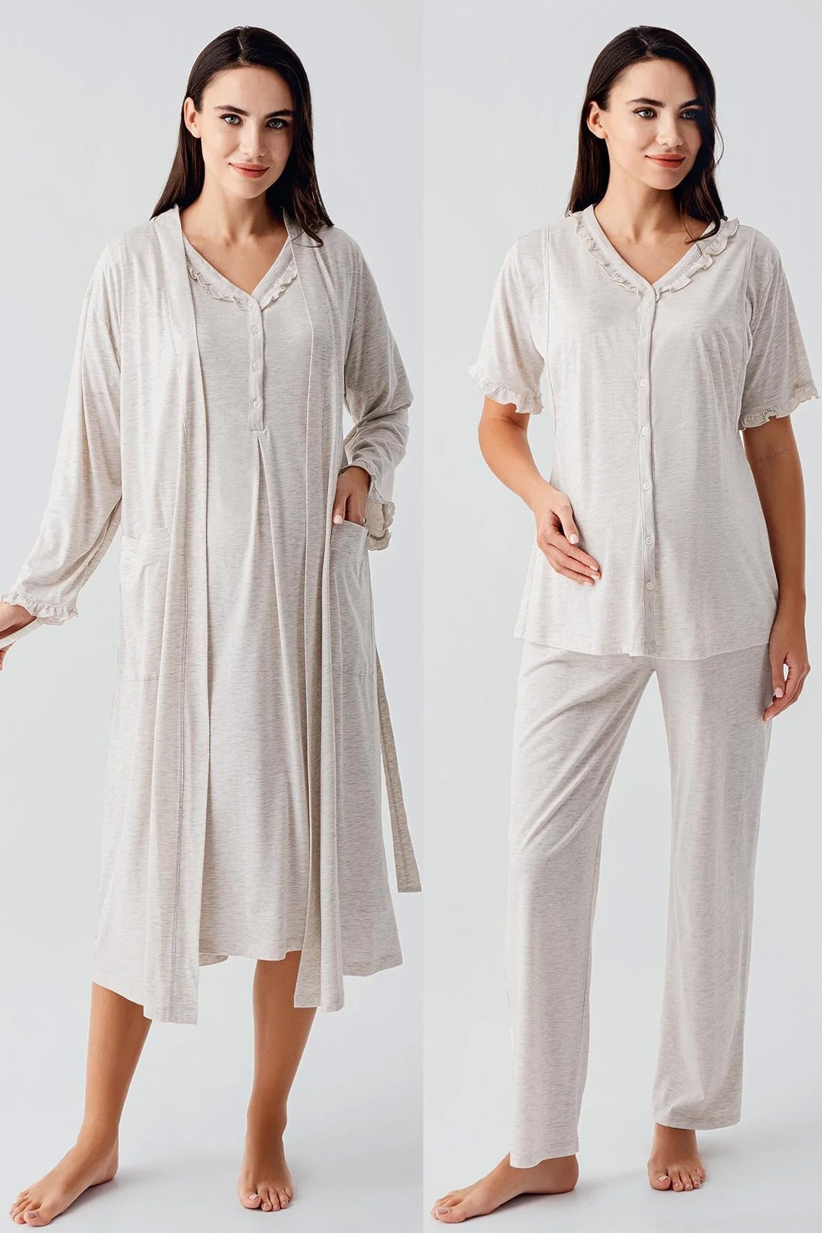 Pleated Double Breastfeeding 4-Piece Maternity Feeding-Friendly Set Beige - S400200