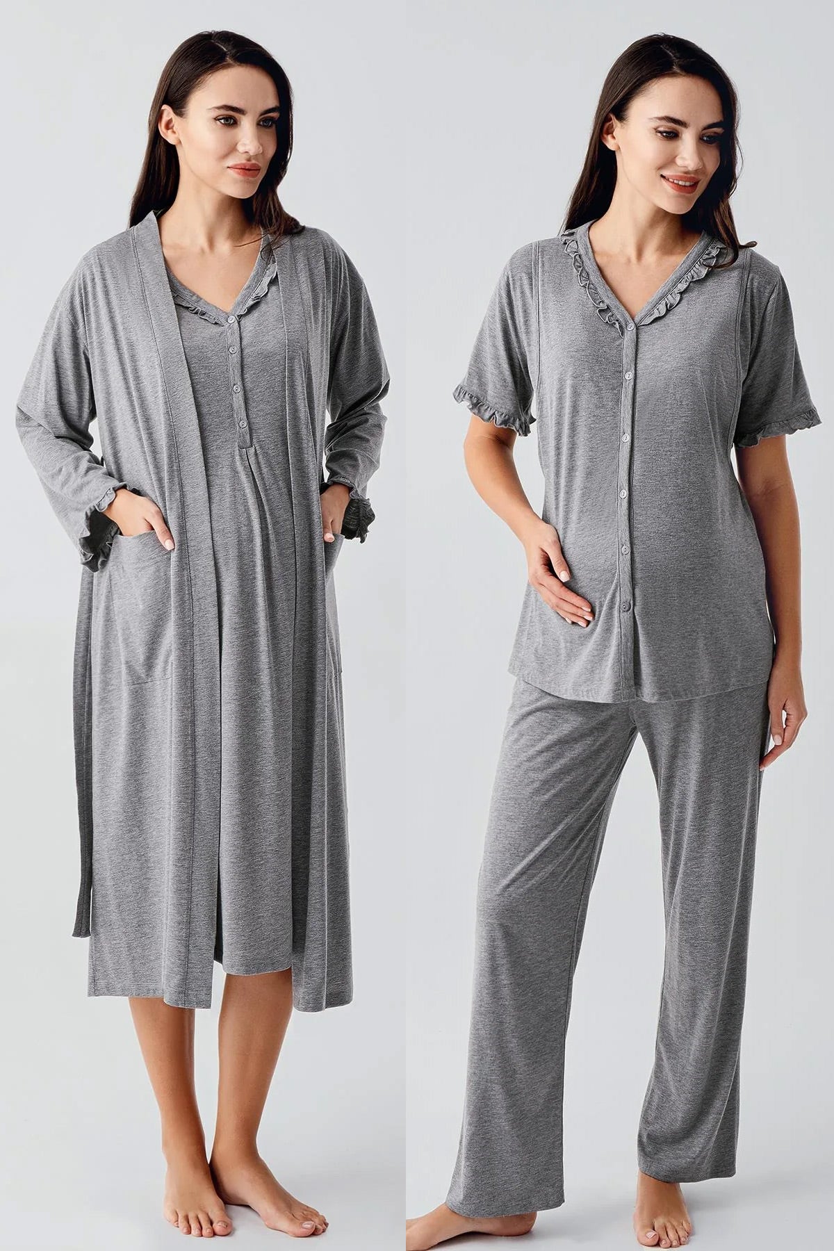 Pleated Double Breastfeeding 4-Piece Maternity Feeding-Friendly Set Grey - S400200