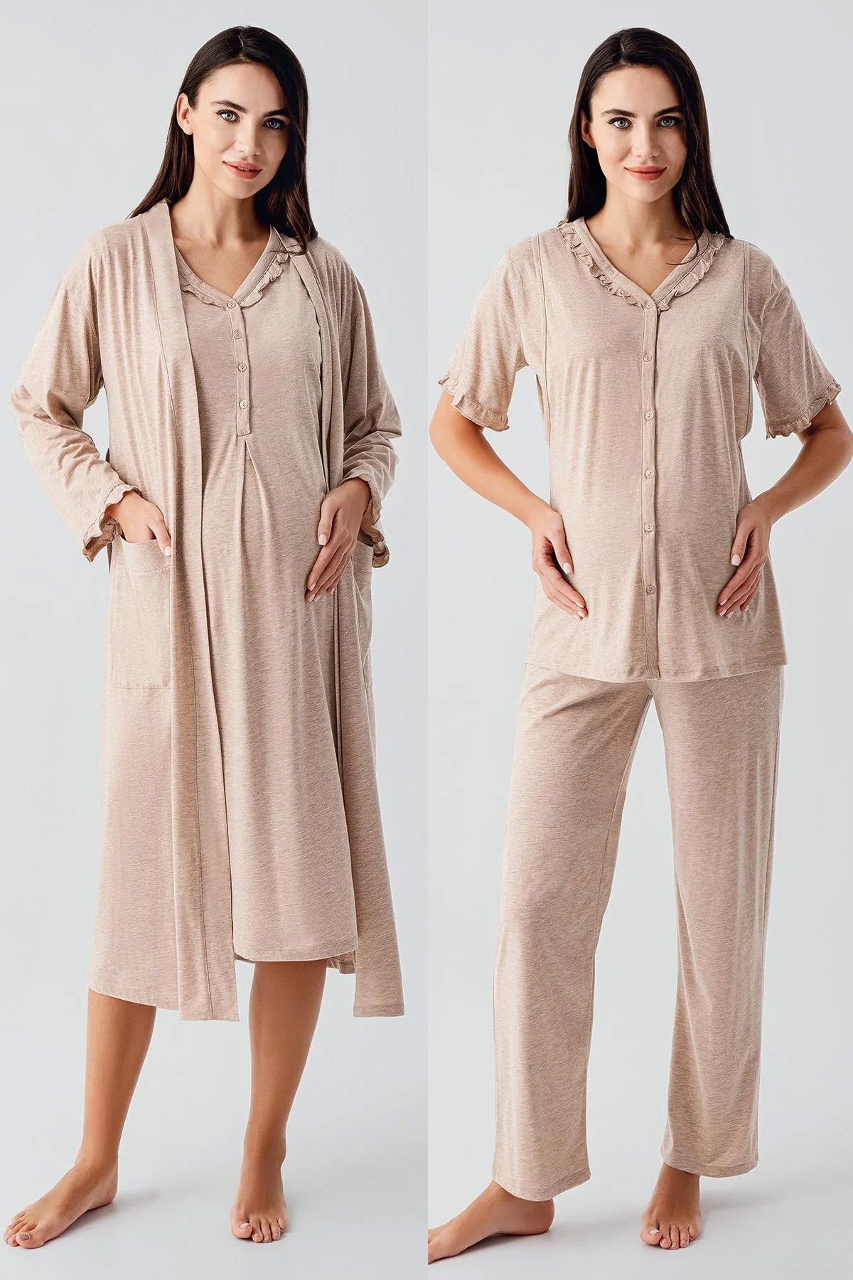 Pleated Double Breastfeeding 4-Piece Maternity Feeding-Friendly Set Coffee - S400200