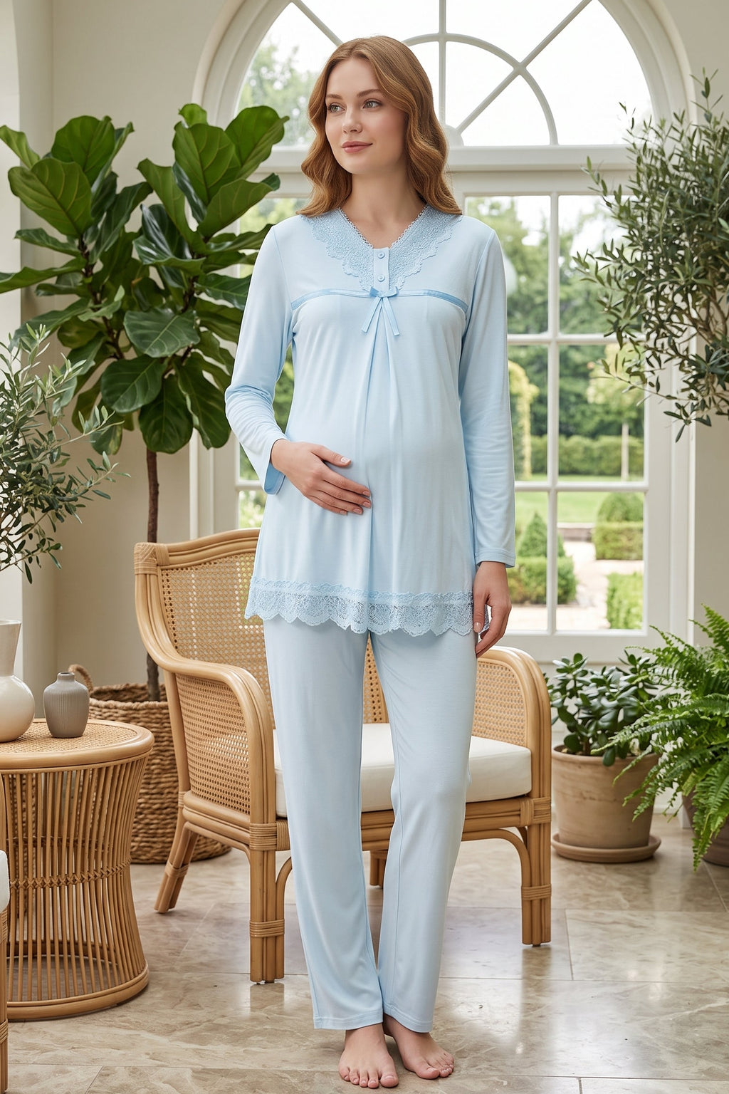 Lace Collar and Skirt Maternity Feeding-Friendly Pajama Set Blue - T4032