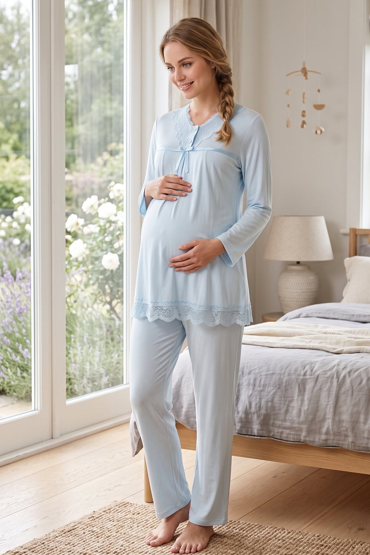 Lace Collar and Skirt Maternity Feeding-Friendly Pajama Set Blue - T4032