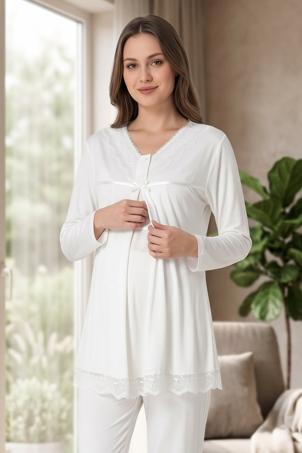 Lace Collar and Skirt 3-Piece Maternity Feeding-Friendly Pajama & Robe Set Ecru - T4034