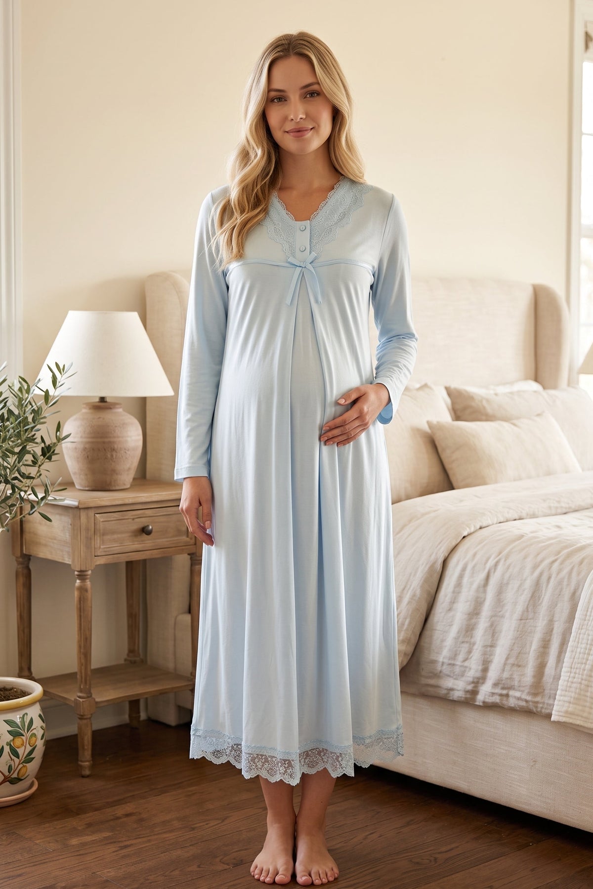 Lace Collar and Skirt Maternity Feeding-Friendly Nightgown Blue - T4033