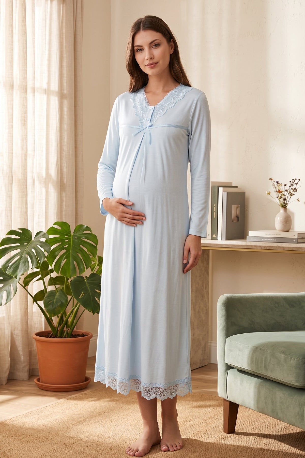 Lace Collar and Skirt Maternity Feeding-Friendly Nightgown Blue - T4033