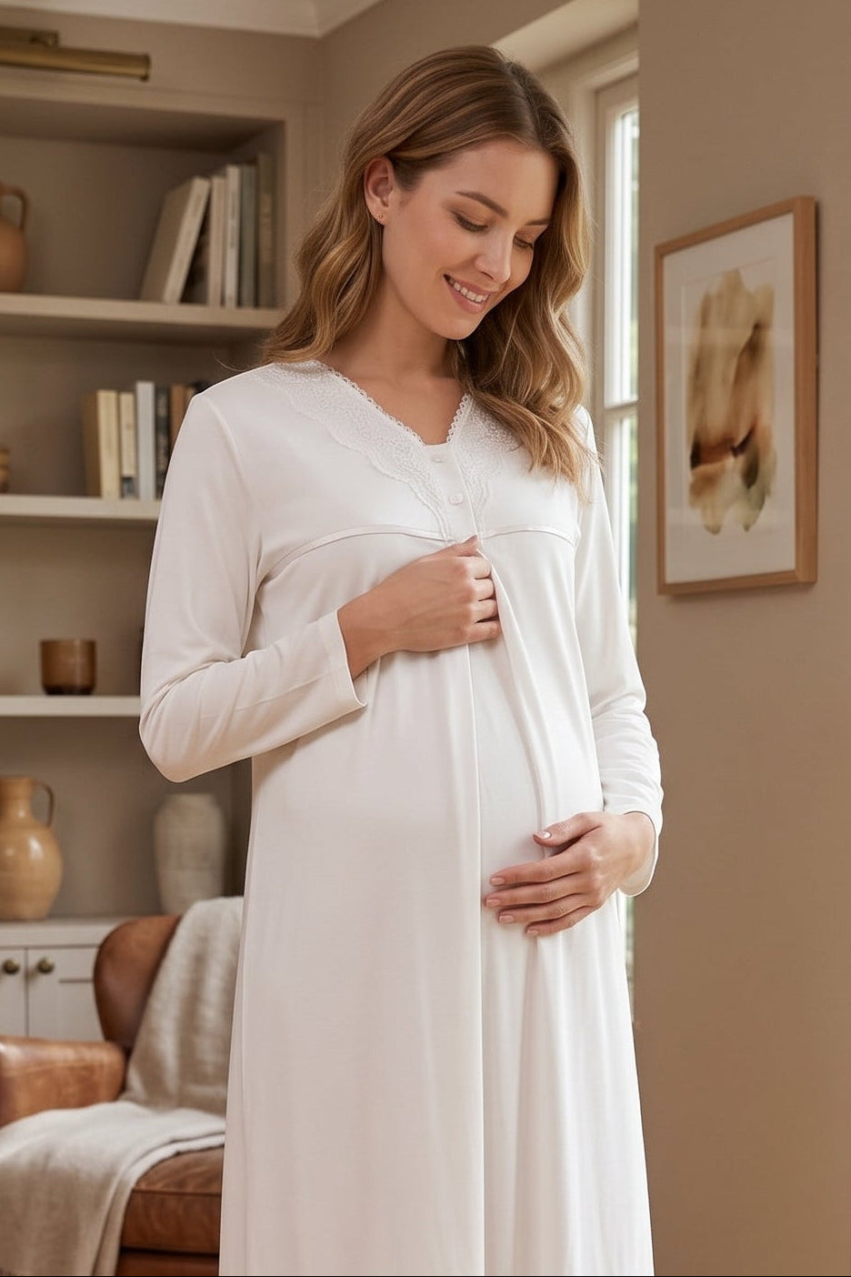 Lace Collar and Skirt 2-Piece Maternity Feeding-Friendly Nightgown & Robe Set Ecru - T4035