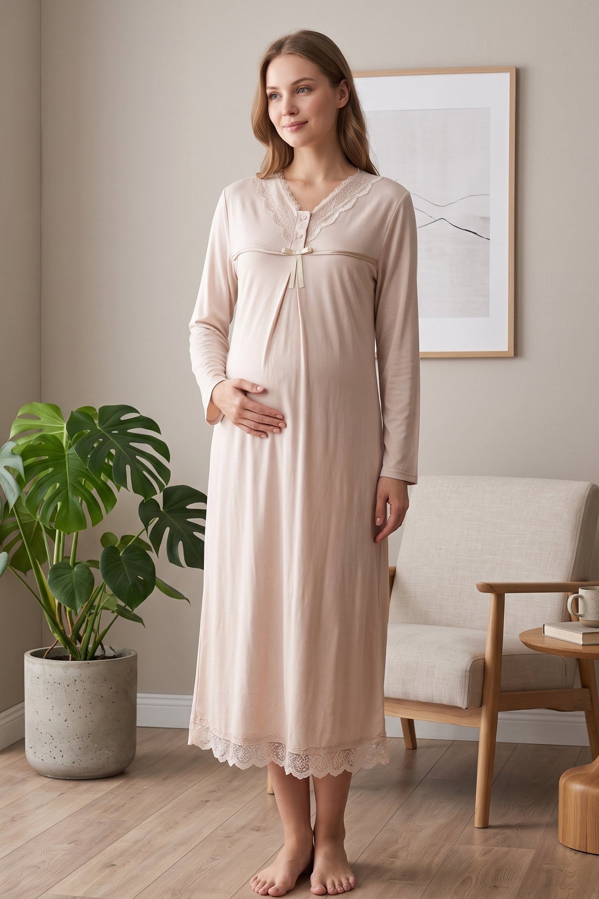 Lace Collar and Skirt Maternity Feeding-Friendly Nightgown Mink - T4033