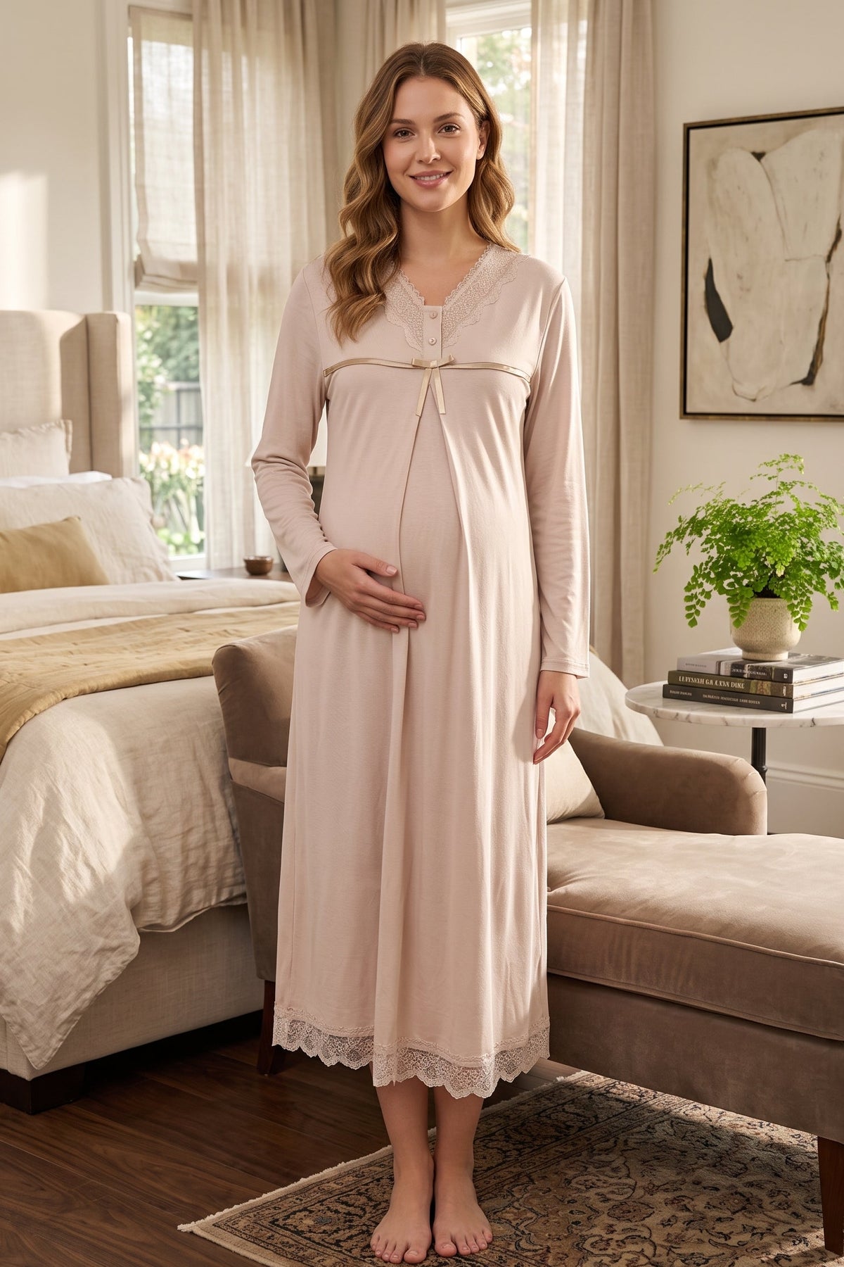 Lace Collar and Skirt Maternity Feeding-Friendly Nightgown Mink - T4033