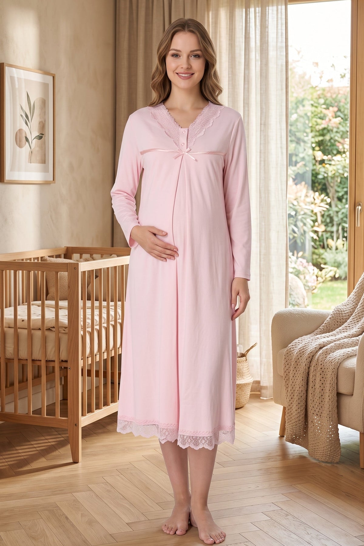 Lace Collar and Skirt Maternity Feeding-Friendly Nightgown Powder - T4033