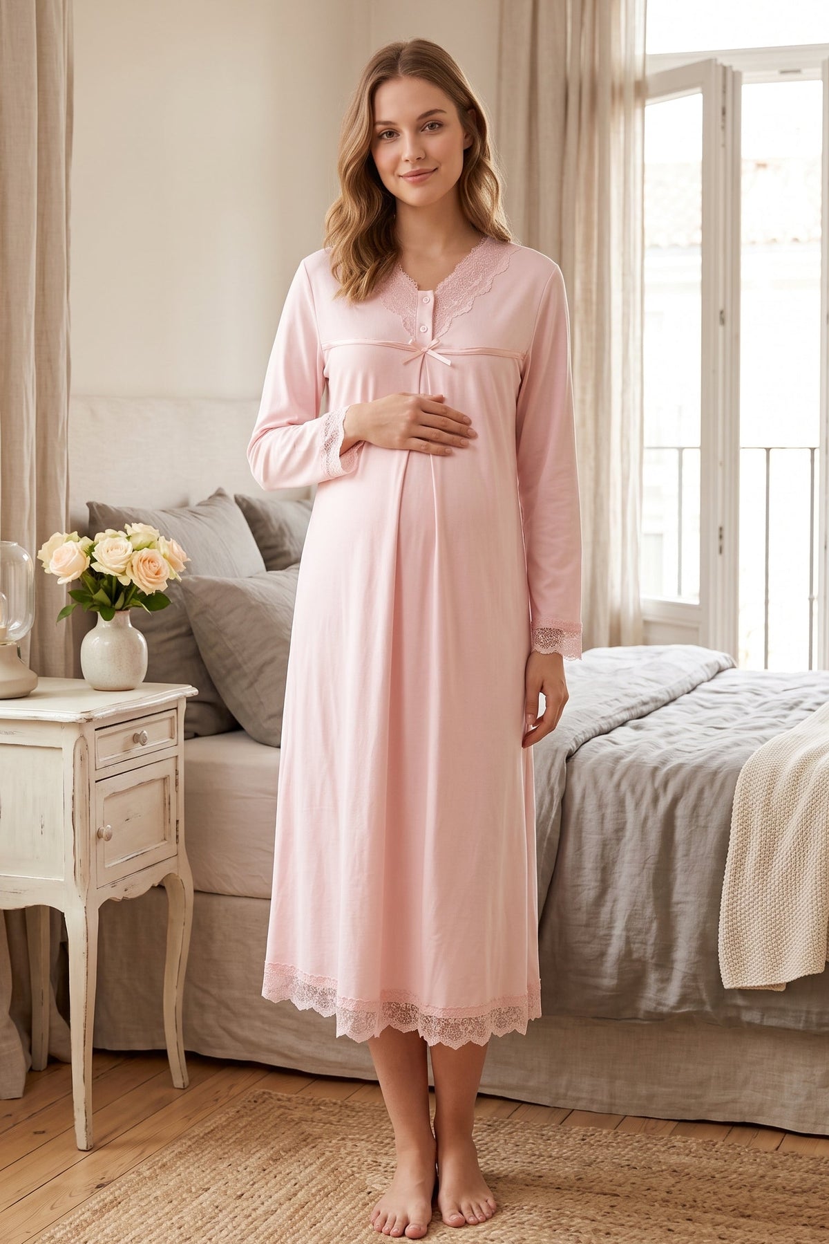 Lace Collar and Skirt Maternity Feeding-Friendly Nightgown Powder - T4033
