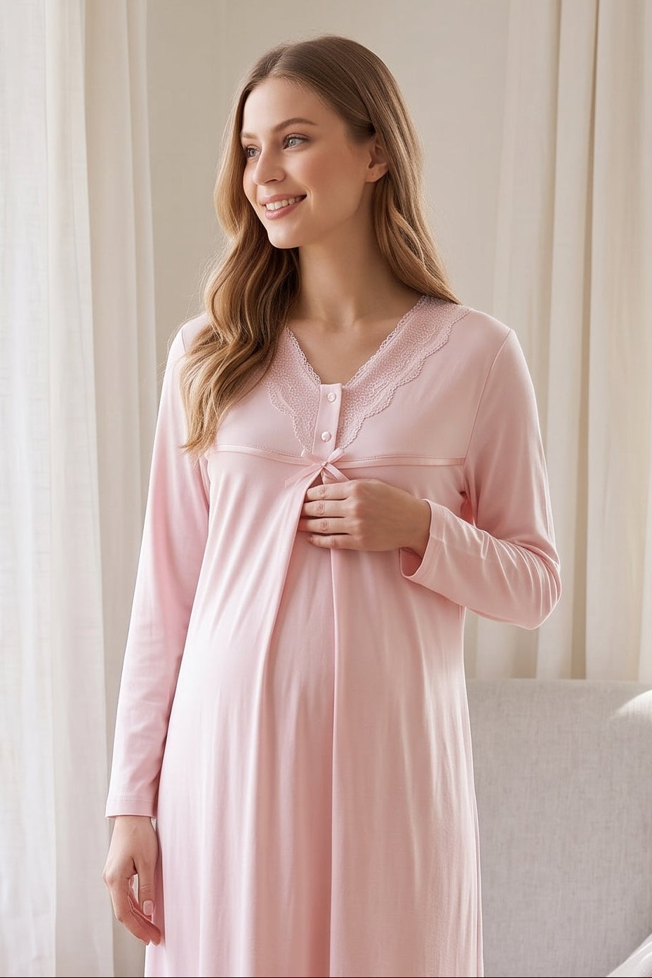 Lace Collar and Skirt 2-Piece Maternity Feeding-Friendly Nightgown & Robe Set Powder - T4035
