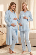 Lace Collar and Skirt 3-Piece Maternity Feeding-Friendly Pajama & Robe Set Blue - T4034