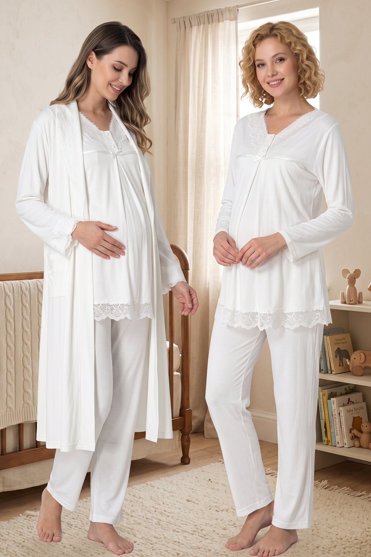 Lace Collar and Skirt 3-Piece Maternity Feeding-Friendly Pajama & Robe Set Ecru - T4034
