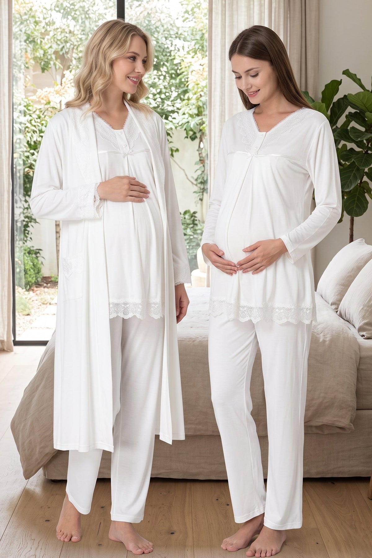 Lace Collar and Skirt 3-Piece Maternity Feeding-Friendly Pajama & Robe Set Ecru - T4034