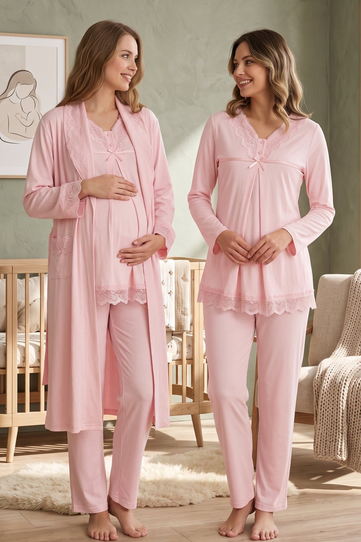 Lace Collar and Skirt 3-Piece Maternity Feeding-Friendly Pajama & Robe Set Powder - T4034