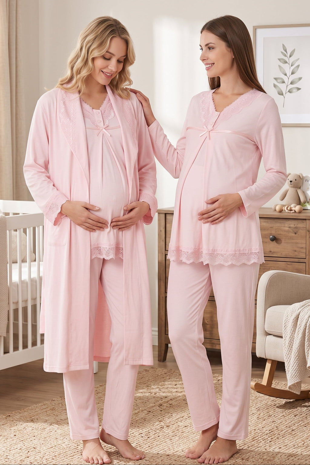Lace Collar and Skirt 3-Piece Maternity Feeding-Friendly Pajama & Robe Set Powder - T4034