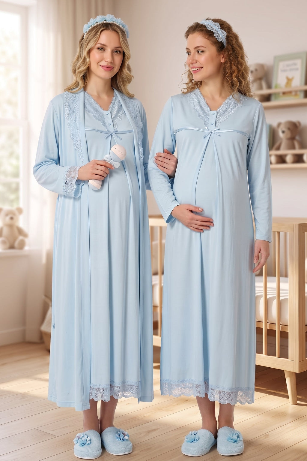 Lace Collar and Skirt 2-Piece Maternity Feeding-Friendly Nightgown & Robe Set Blue - T4035
