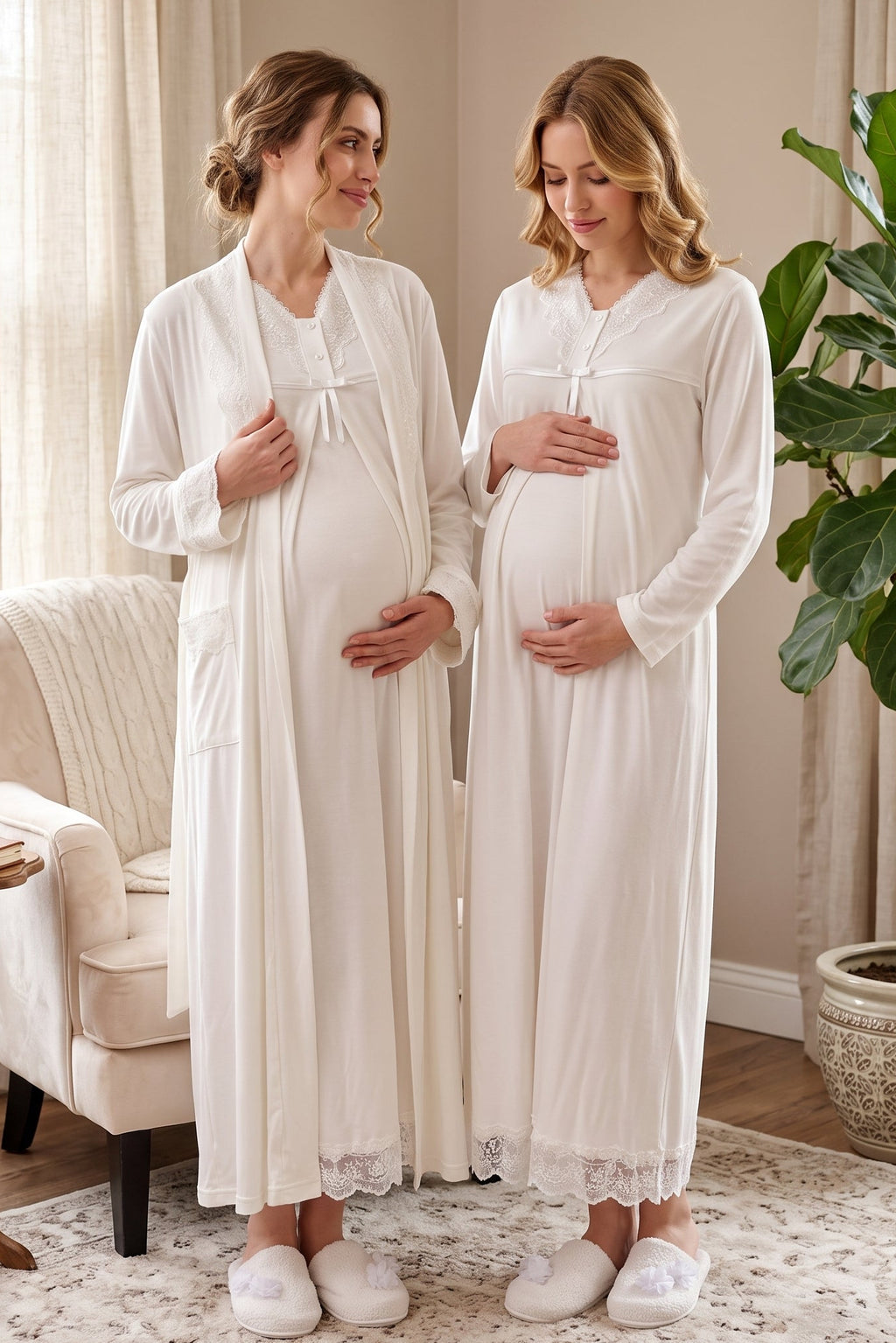 Lace Collar and Skirt 2-Piece Maternity Feeding-Friendly Nightgown & Robe Set Ecru - T4035