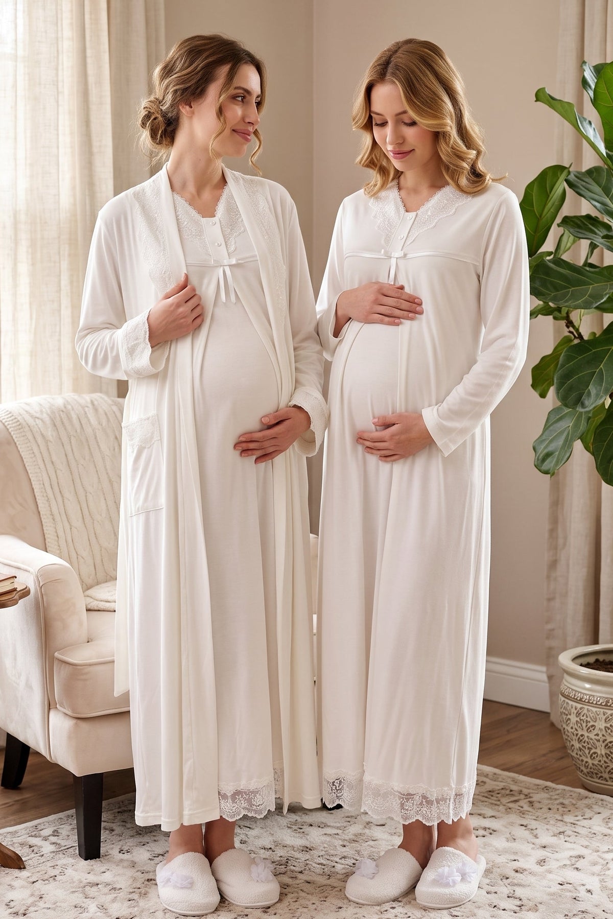 Lace Collar and Skirt 2-Piece Maternity Feeding-Friendly Nightgown & Robe Set Ecru - T4035