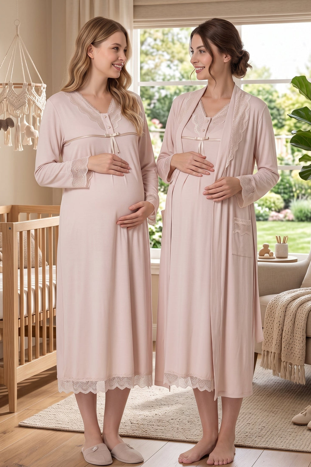 Lace Collar and Skirt 2-Piece Maternity Feeding-Friendly Nightgown & Robe Set Mink - T4035