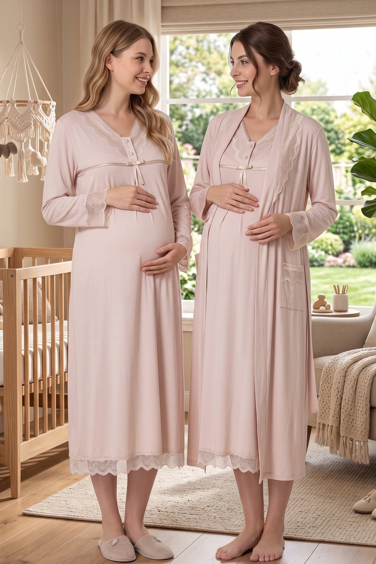 Lace Collar and Skirt 2-Piece Maternity Feeding-Friendly Nightgown & Robe Set Mink - T4035