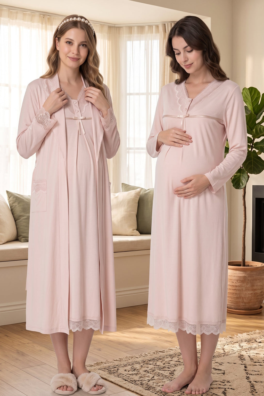 Lace Collar and Skirt 2-Piece Maternity Feeding-Friendly Nightgown & Robe Set Mink - T4035