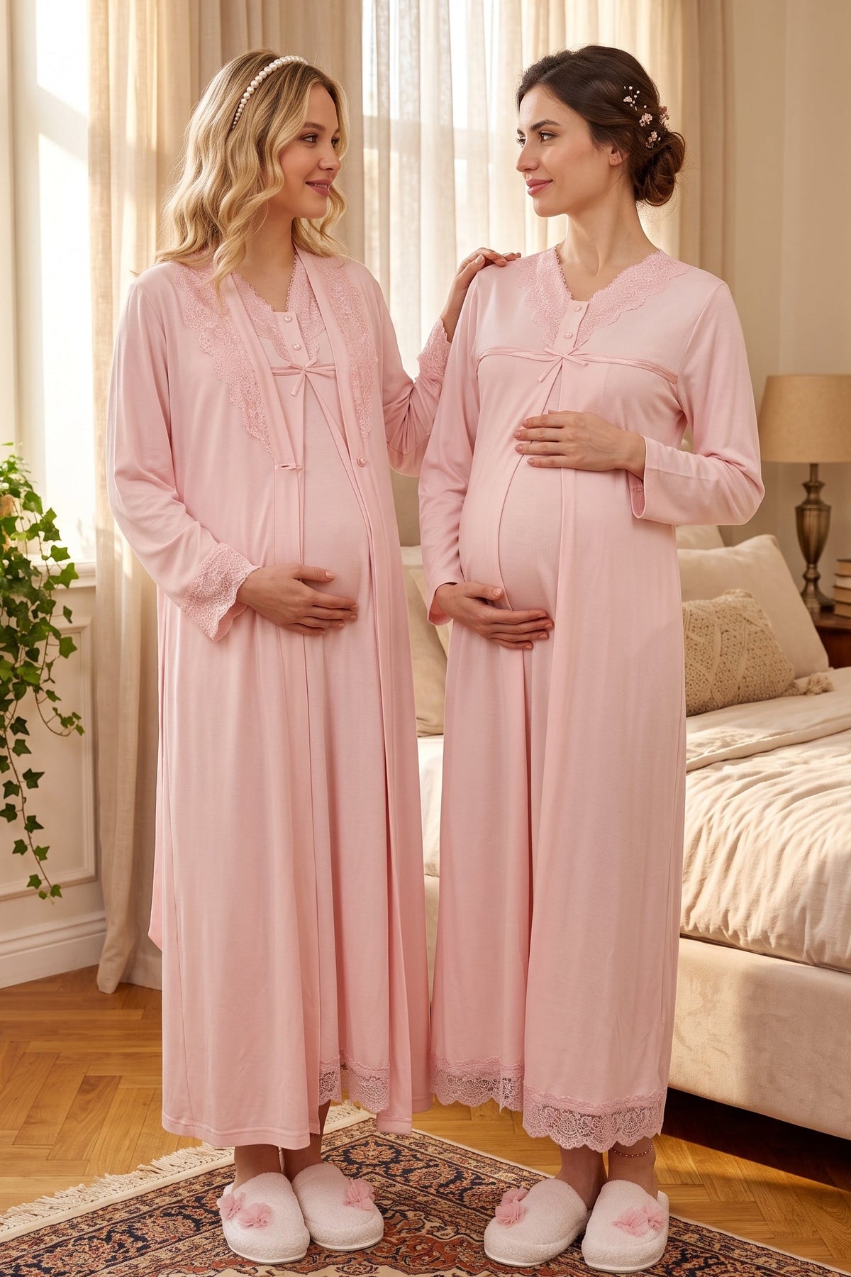 Lace Collar and Skirt 2-Piece Maternity Feeding-Friendly Nightgown & Robe Set Powder - T4035