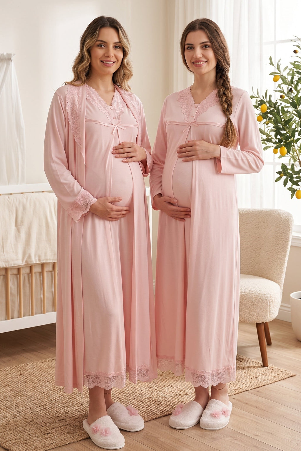 Lace Collar and Skirt 2-Piece Maternity Feeding-Friendly Nightgown & Robe Set Powder - T4035