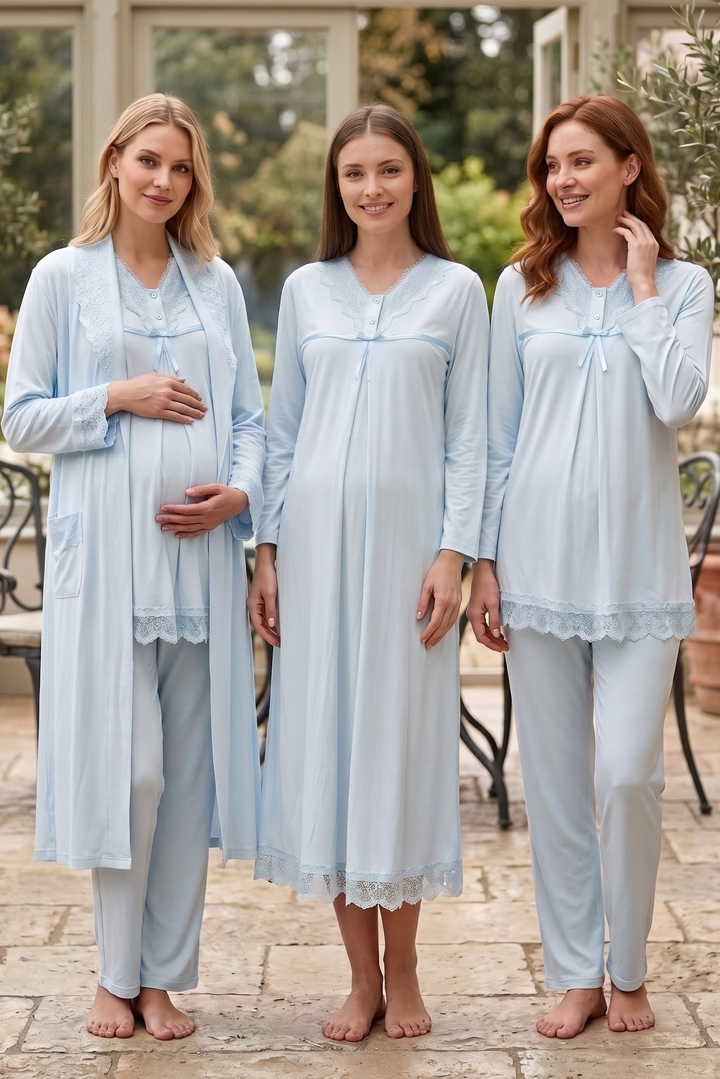 Lace Collar and Skirt 4-Piece Maternity Feeding-Friendly Set Blue - T4036