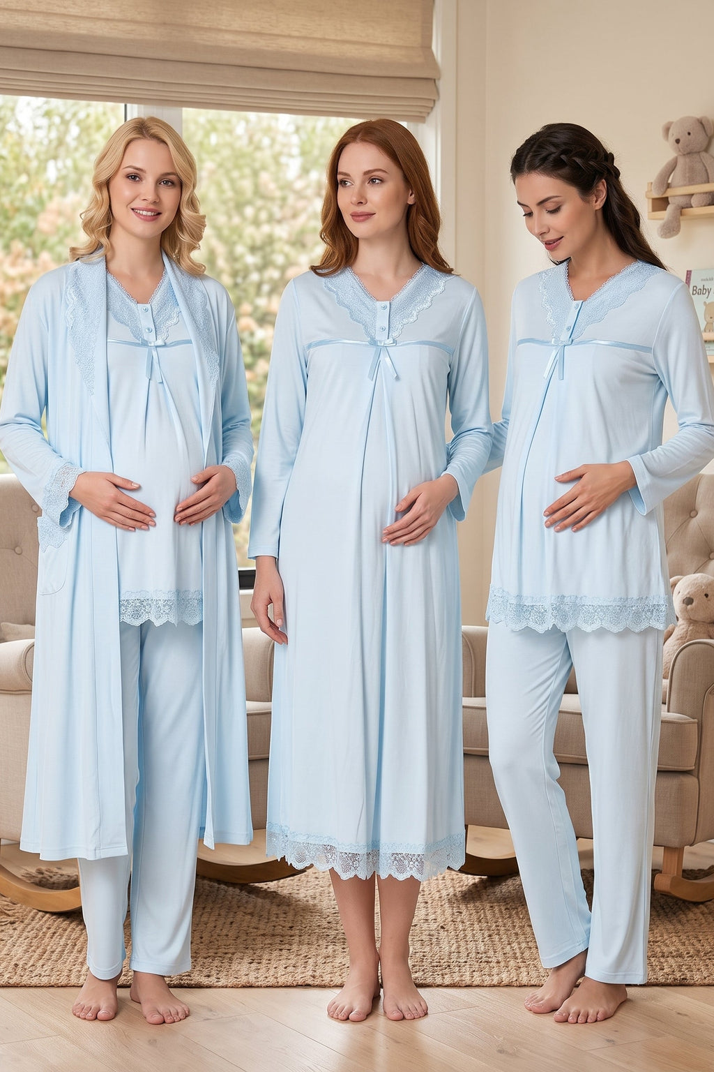 Lace Collar and Skirt 4-Piece Maternity Feeding-Friendly Set Blue - T4036