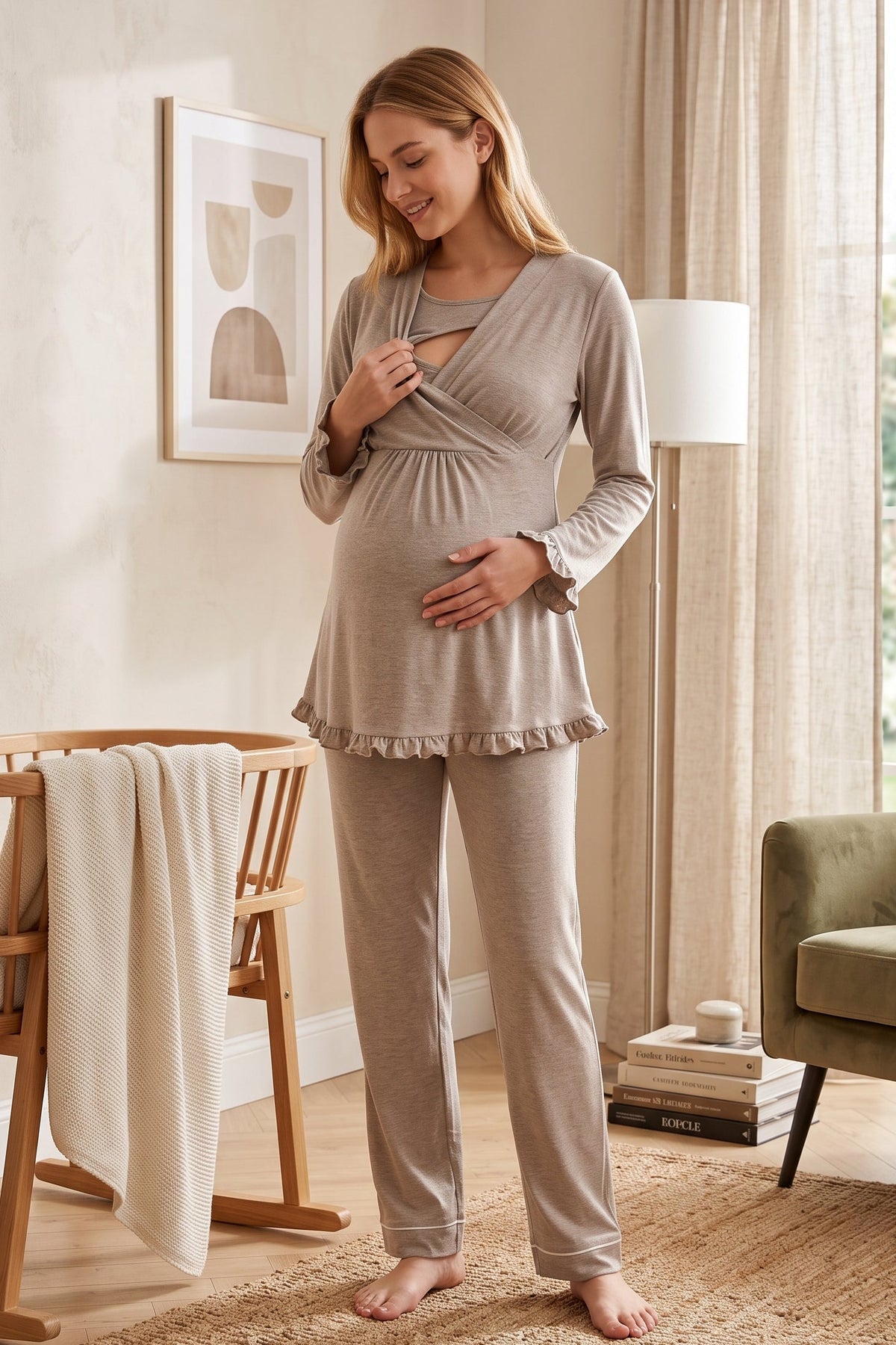 Pleated Trim Maternity Feeding-Friendly Pajama Set Beige - T4042