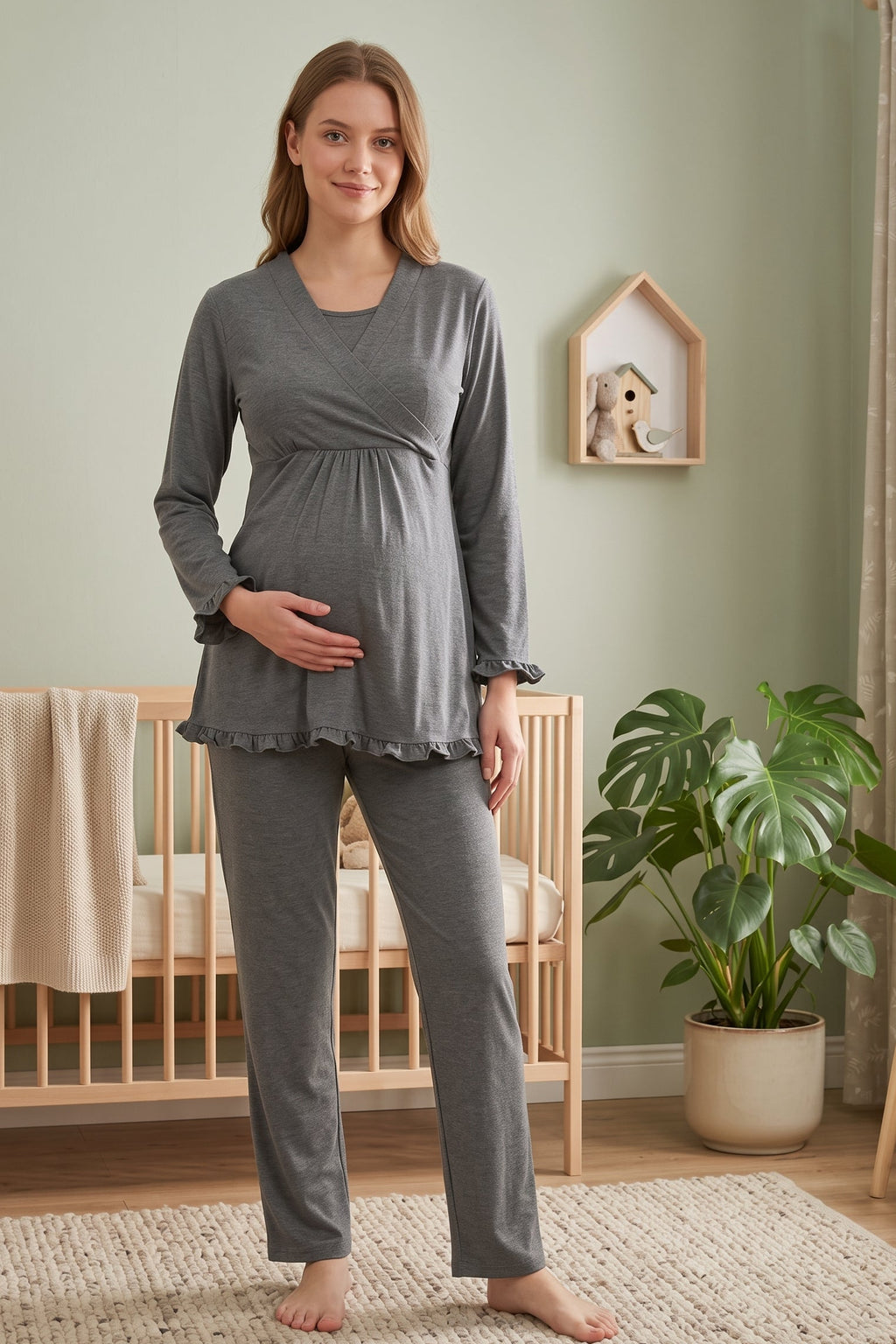 Pleated Trim Maternity Feeding-Friendly Pajama Set Charcoal - T4042