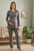 Pleated Trim Maternity Feeding-Friendly Pajama Set Charcoal - T4042