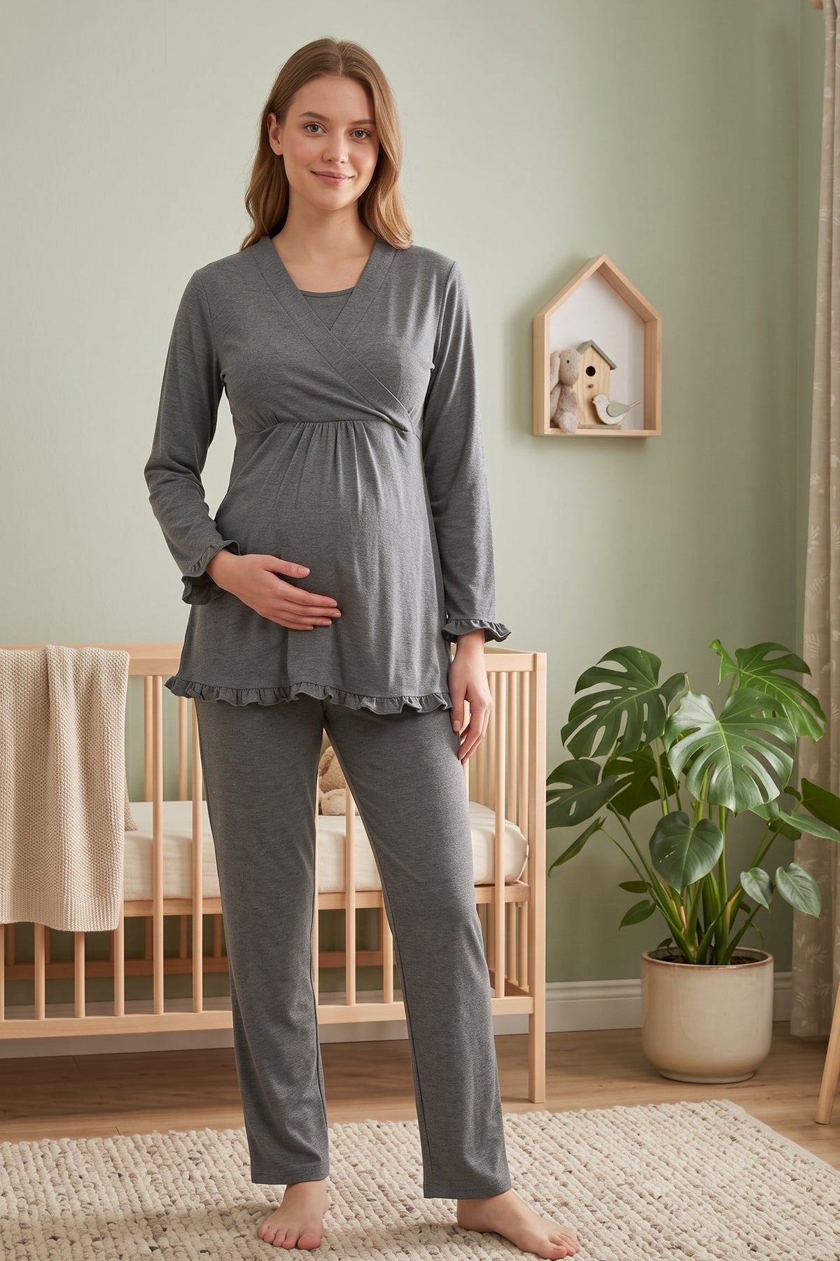 Pleated Trim Maternity Feeding-Friendly Pajama Set Charcoal - T4042