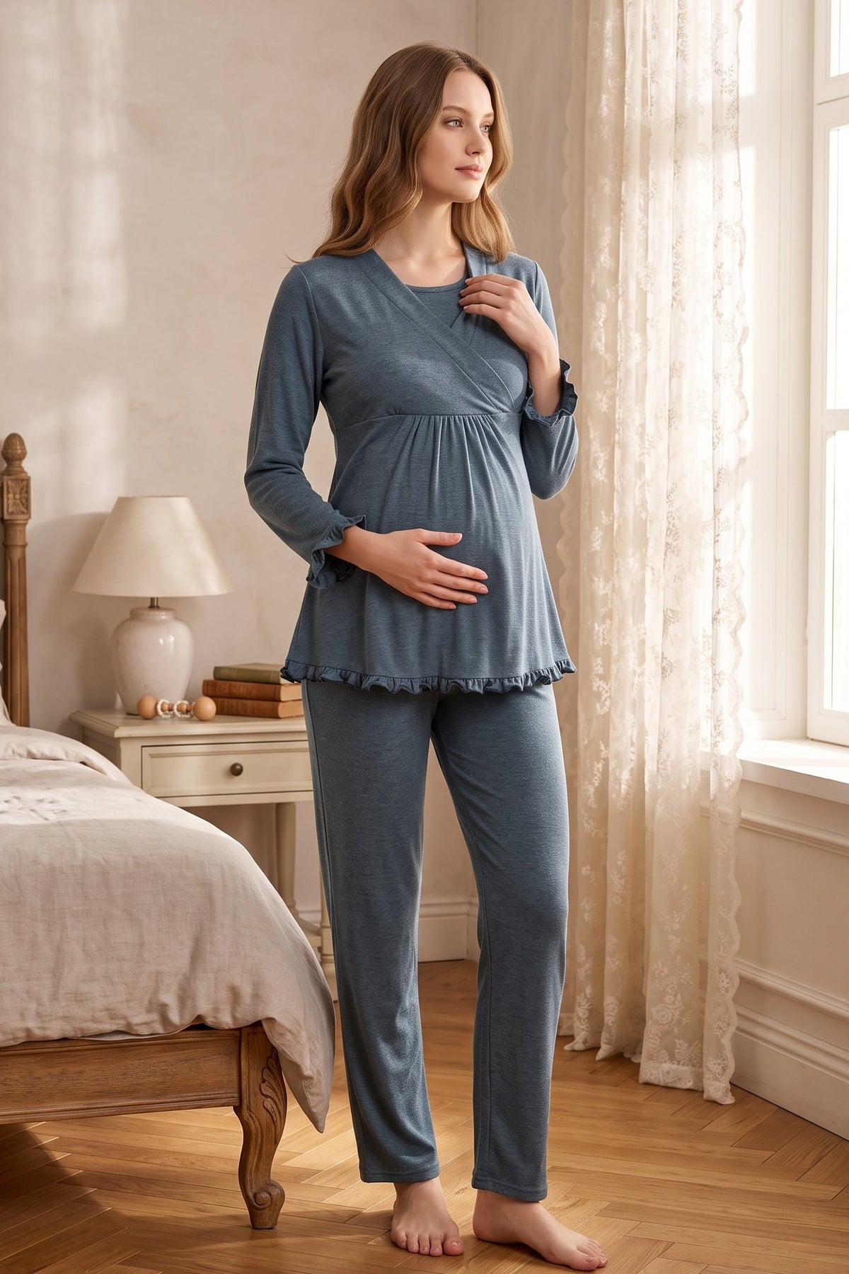 Pleated Trim Maternity Feeding-Friendly Pajama Set Indigo - T4042